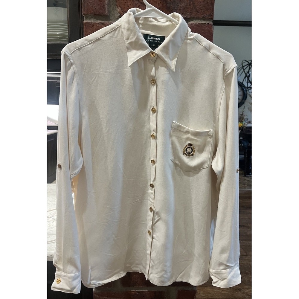 Vintage 90s Lauren Ralph Lauren 100% Silk Blouse 10 Crest Gold Button Ivory Top